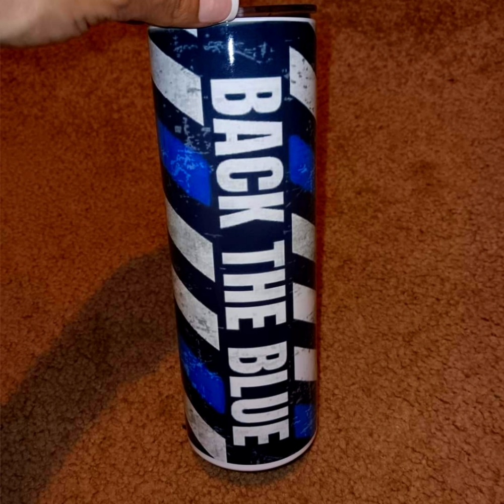 20oz back the blue skinny tumbler
